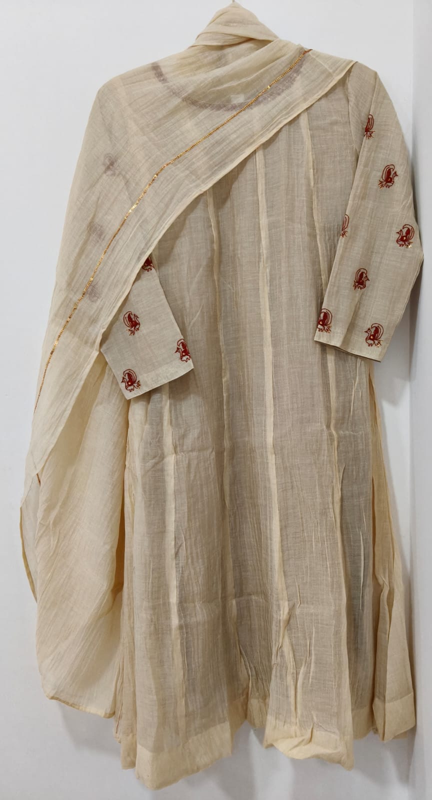 Soft Beige Mul Chanderi Panel Cut Kurta With Silk Thread and Sequin Work With Dupatta