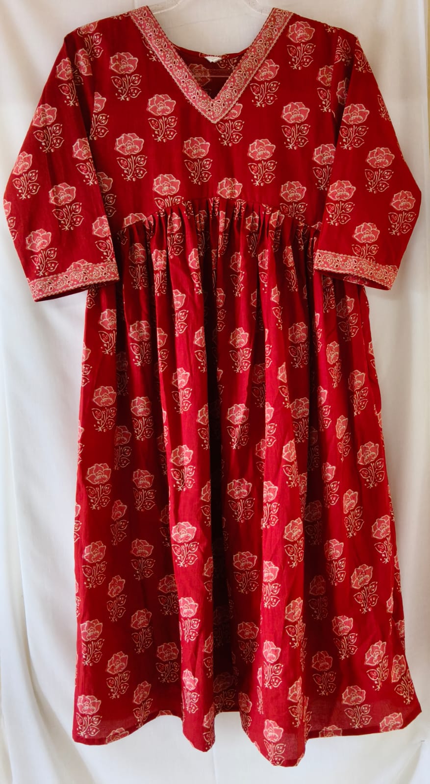 Red V Neck Printed Kurta