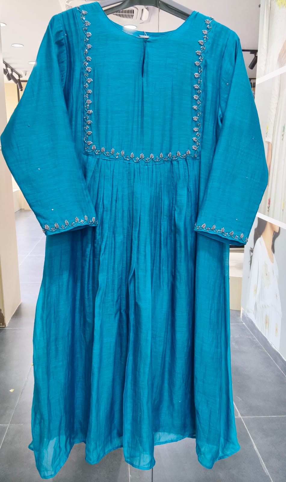 BLUE CHANDERI W SILVER SEQUIN WORK W SHAWL