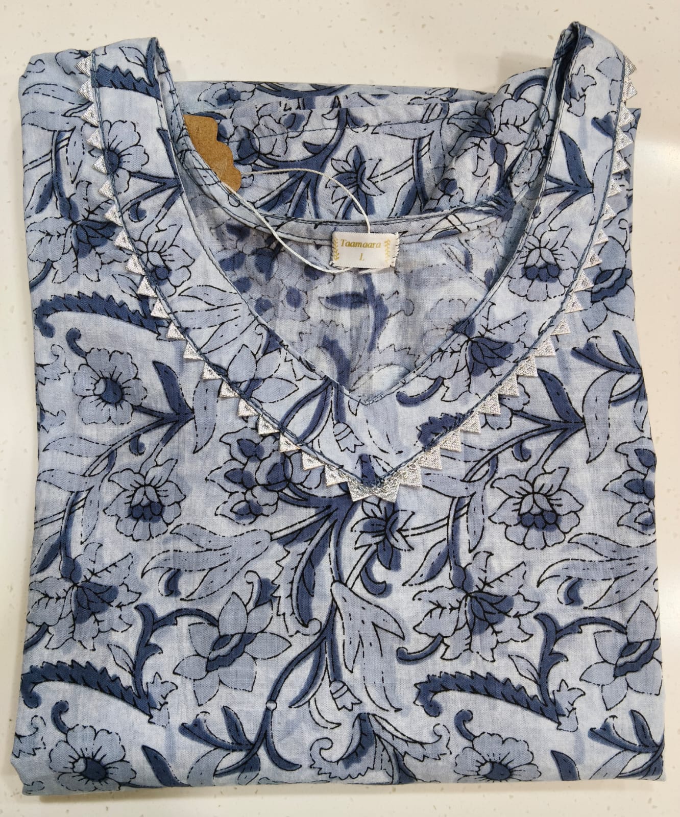 Greyish Blue Floral Kurta with Silver Lace