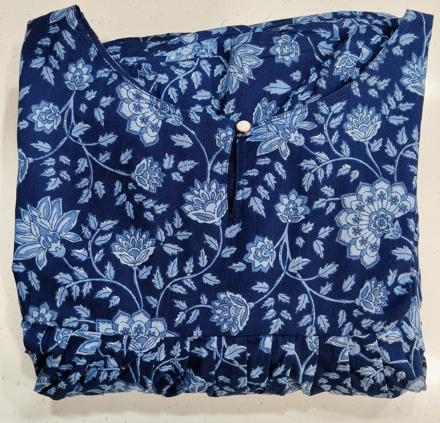 BLUE FLORAL SHORT YOKE W TIER KURTA