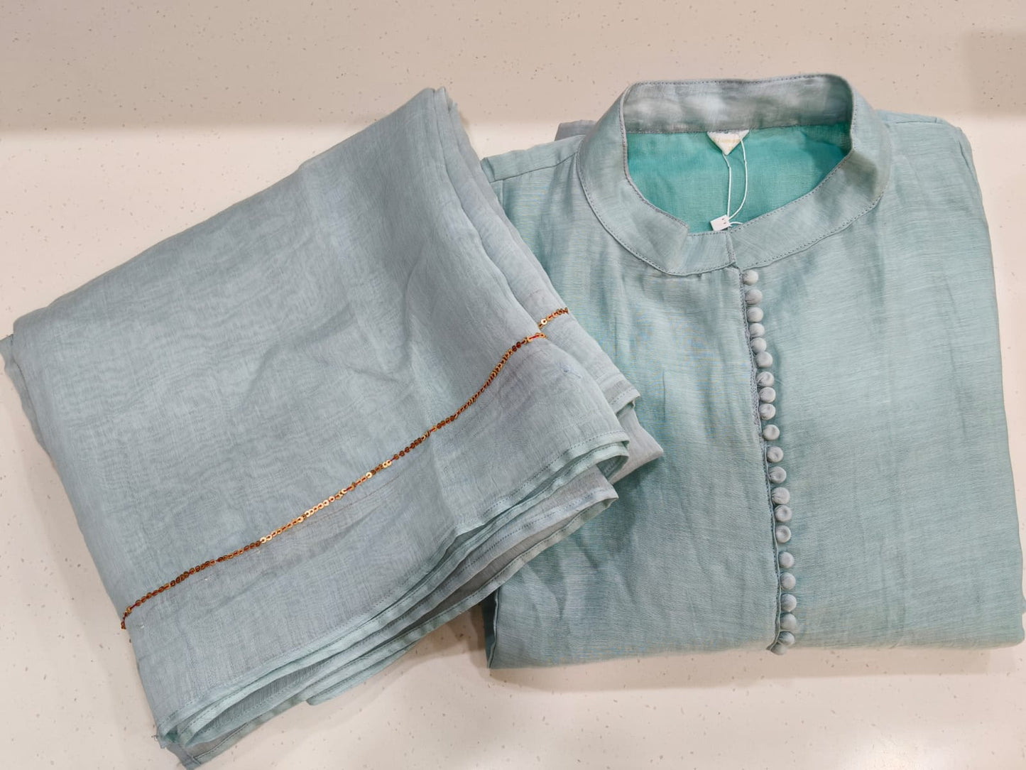 GREENISH GREY CHANDERI 3PCS SUIT