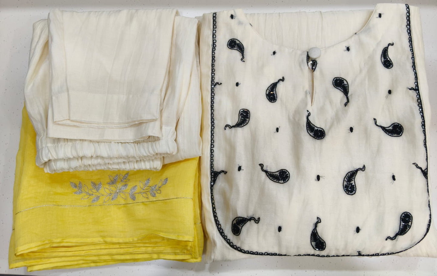 IVORY YELLOW CHANDERI 3 PCS SUIT 1pc left