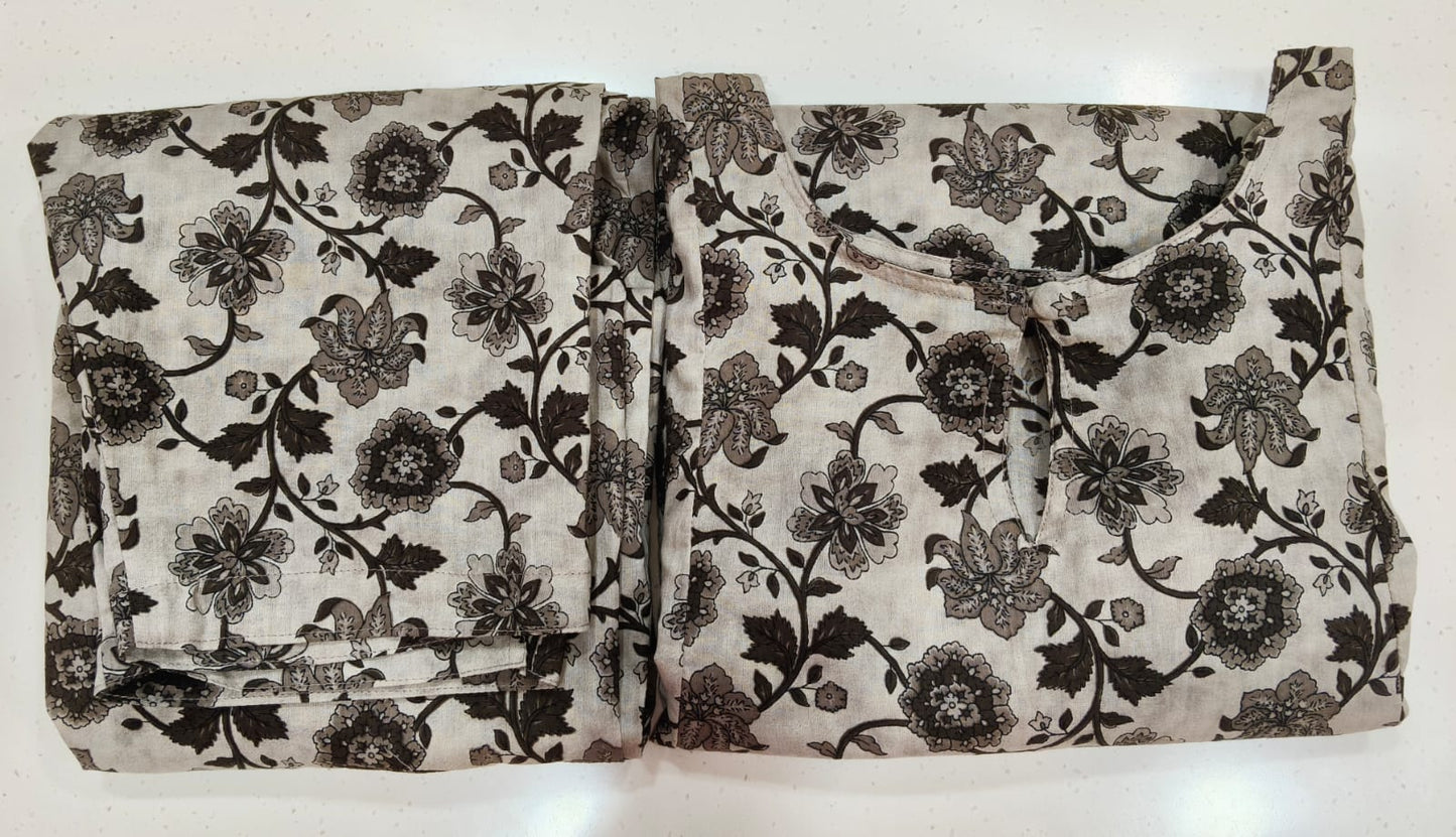 Off white Dark Brown Floral Co Ord Set