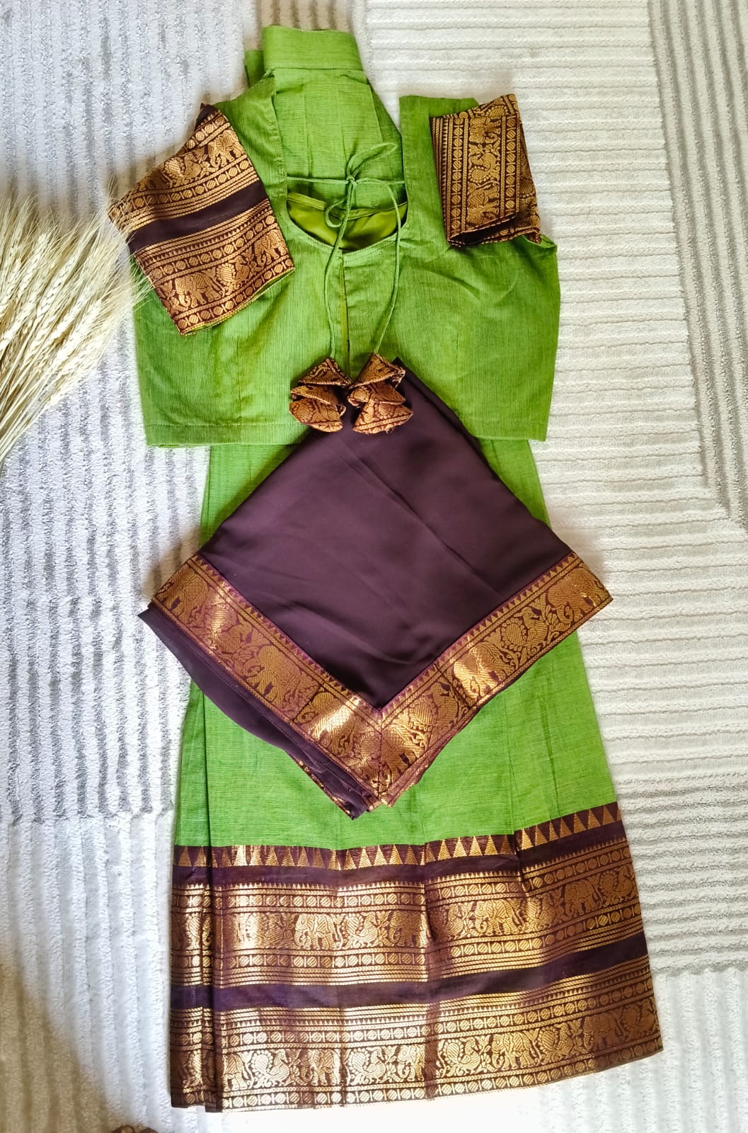Dual tone Green with Rich Golden Zari Bold Coffe Color Border with Dhavani