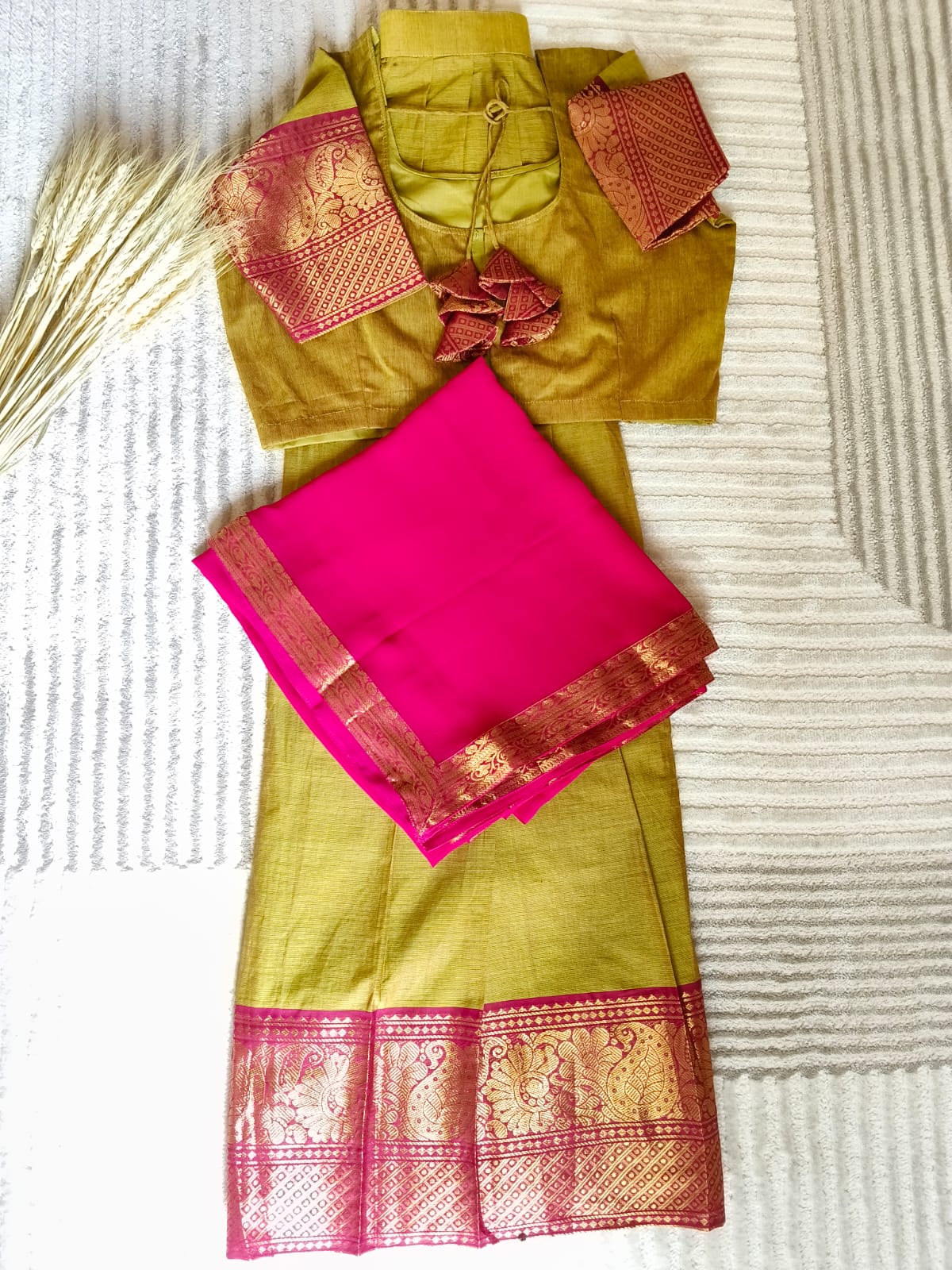 Dual Shade Green Half Saree with Rich Golden Zari Rani Pink Border with Dupatta