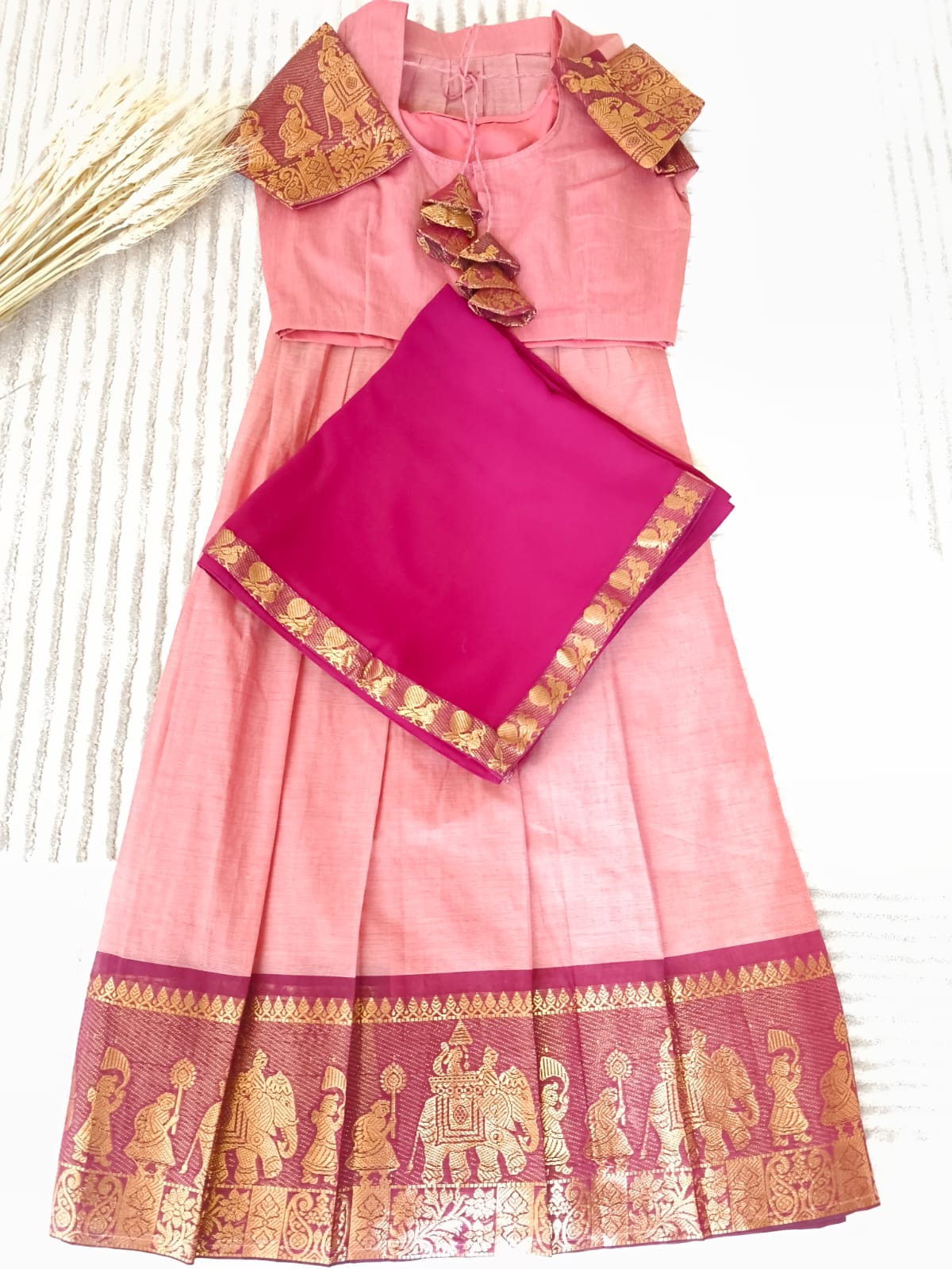 Dual Shade Pinkish Purple Half Saree With Rich Golden Zari Purple Border with Dupatta