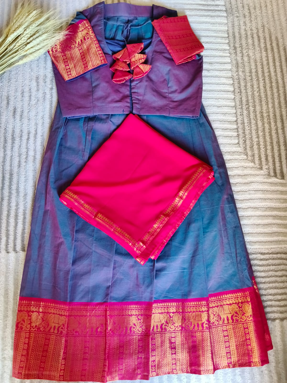 Dual Shade Dark Blue Half Saree With Rich Golden Zari Rani Pink Border with Dupatta