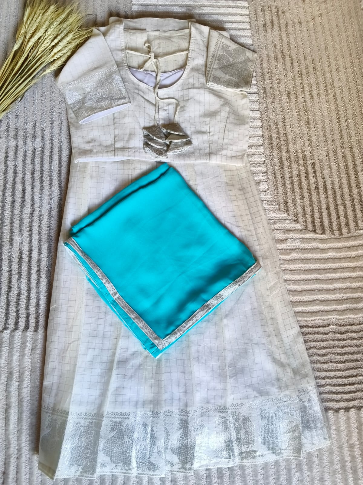 White with Rich Silver Border Half Saree With Light Sky Blue Dupatta