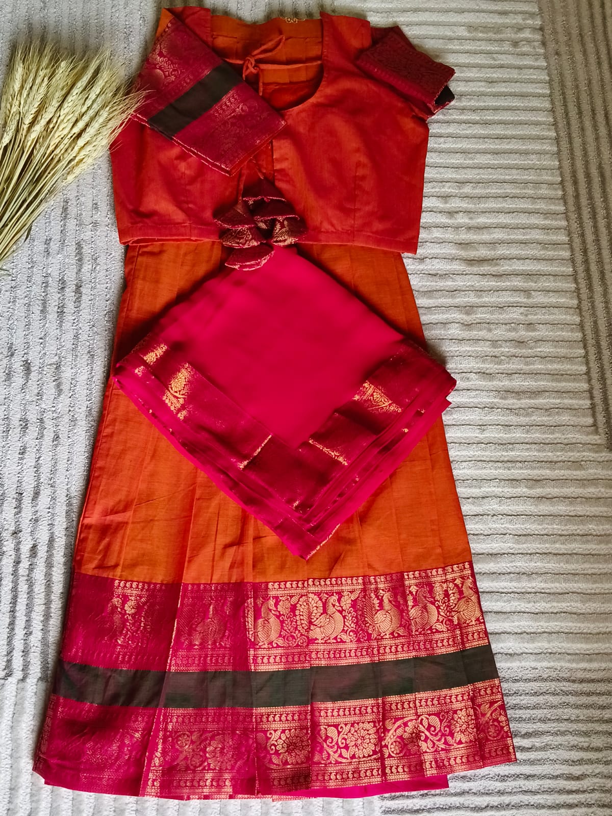 Dual Shade Orange Half Saree With Rich Golden Zari Rani Pink Border with Dupatta