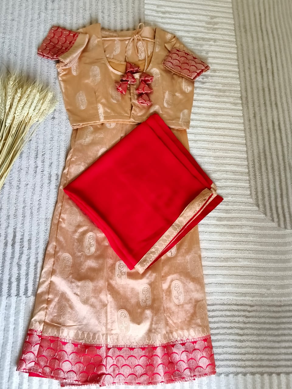 Banaras Sandal Half Saree With Red Border with Dupatta