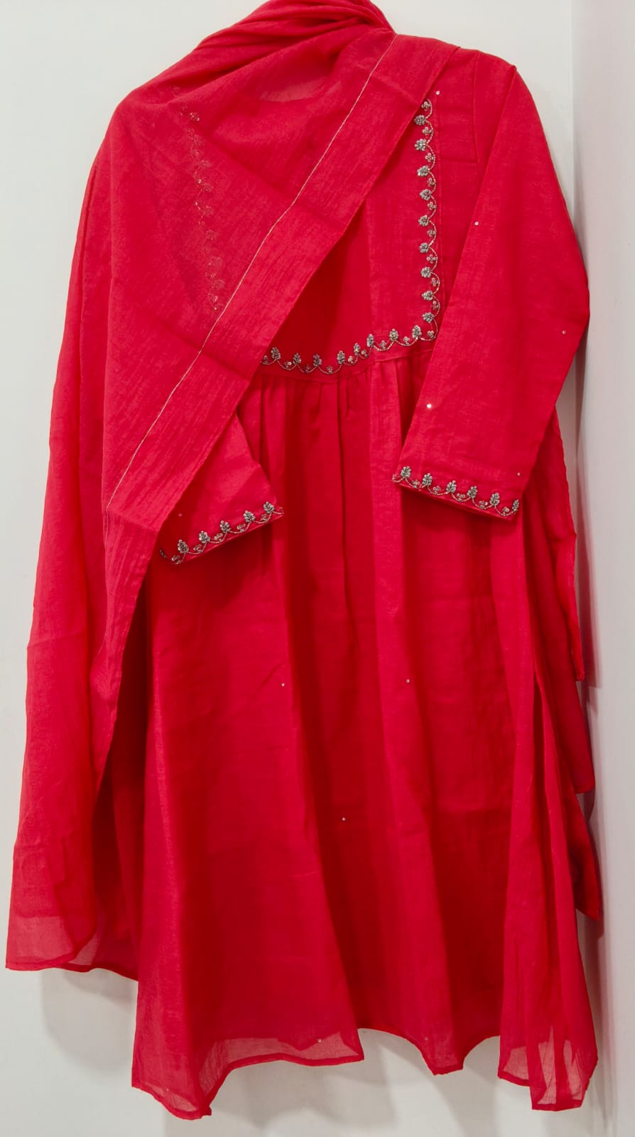 CORAL RED CHANDERI W SILVER SEQUIN WORK W SHAWL 2 pc left