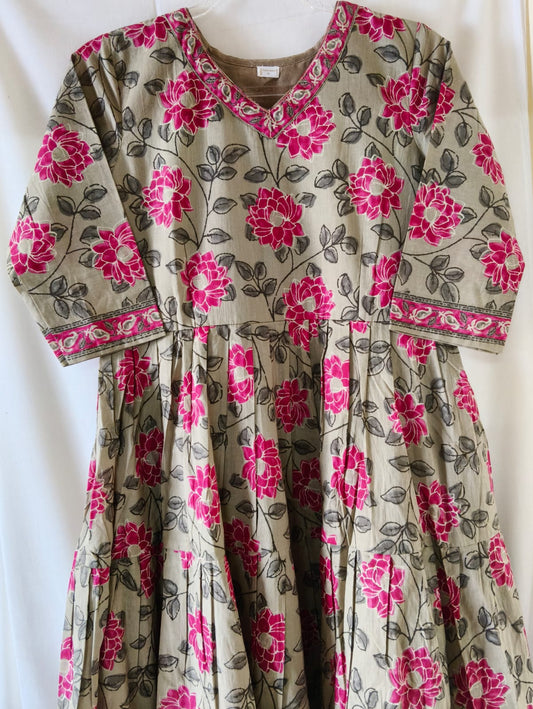 Beautiful Khaki with Pink Floral Kurta with Lining
