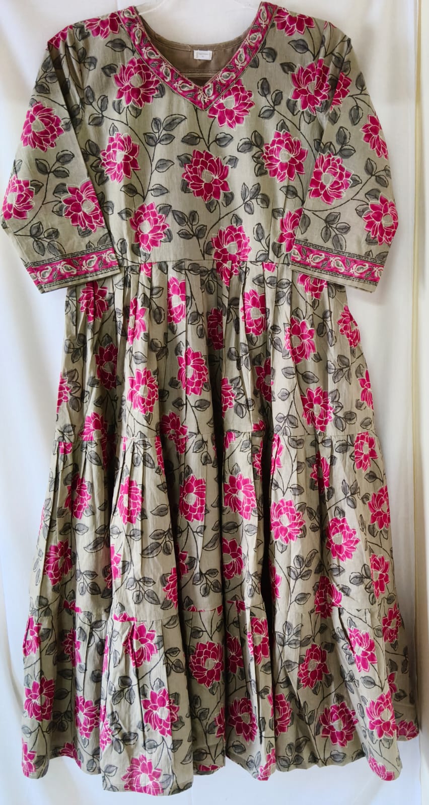 Beautiful Khaki with Pink Floral Kurta with Lining