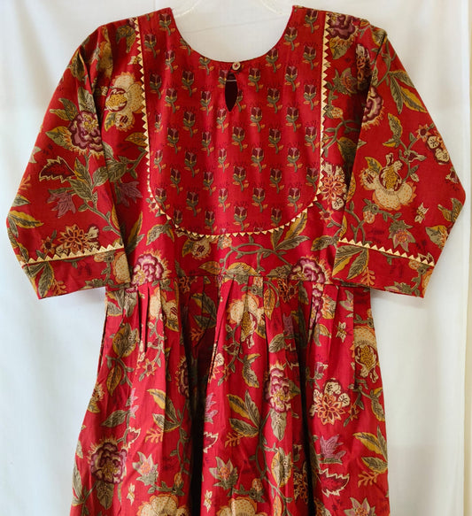 Red Floral Kurta with Golden Lace with Lining