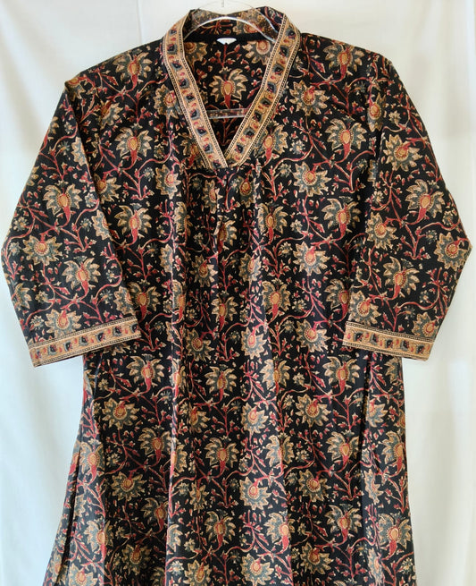 Black Floral Kurta with V Collar Neck