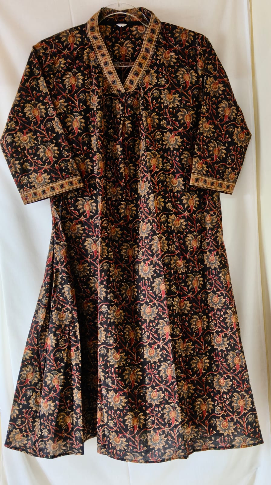 Black Floral Kurta with V Collar Neck