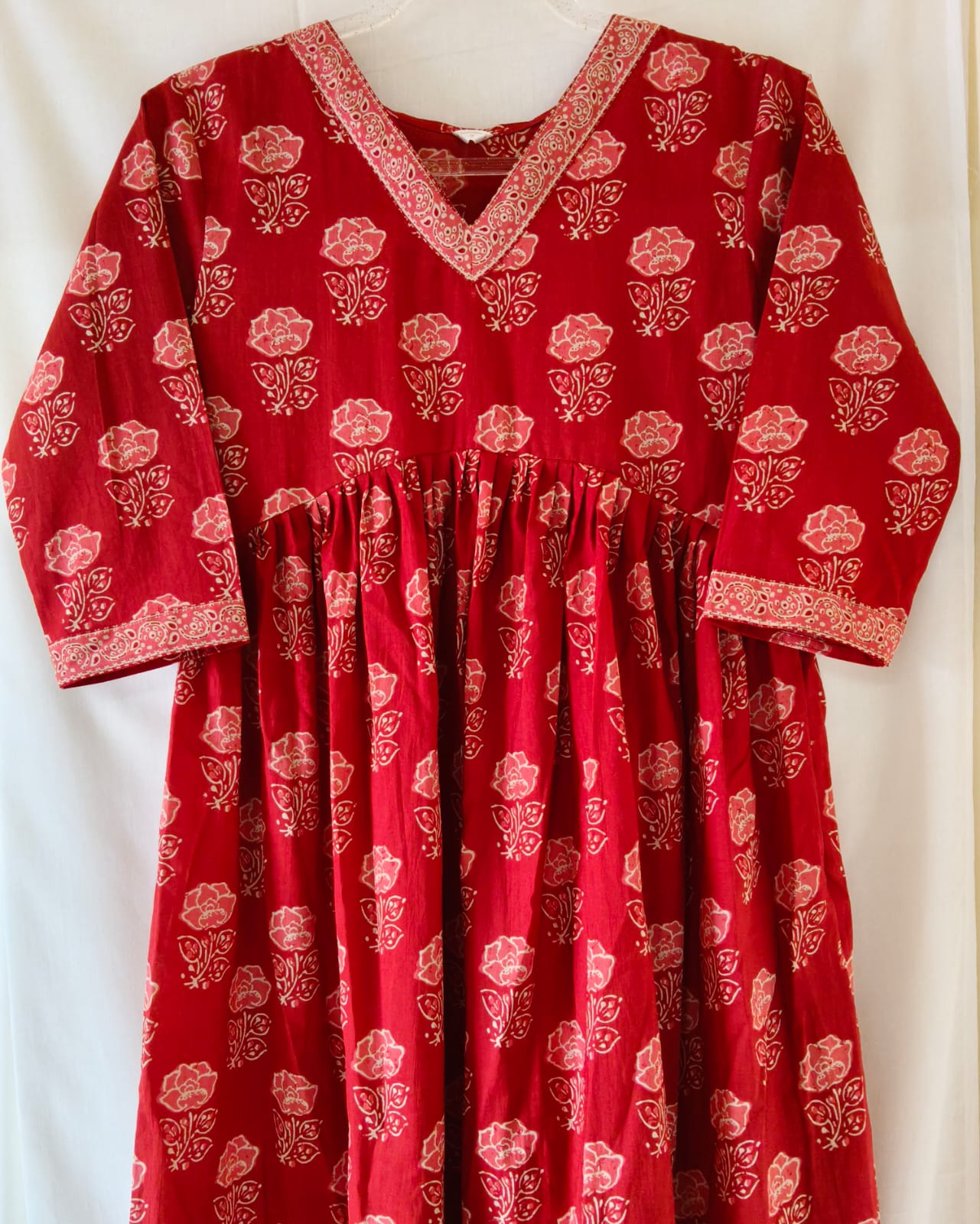 Red V Neck Printed Kurta