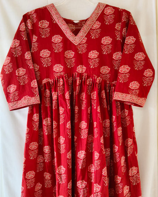 Red V Neck Printed Kurta