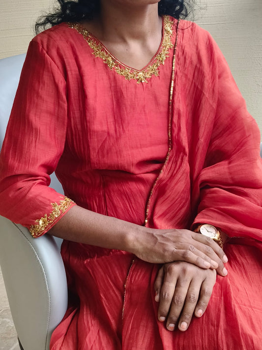 Festive Amber Red Mul Chanderi With Golden Zari & Sequin Work