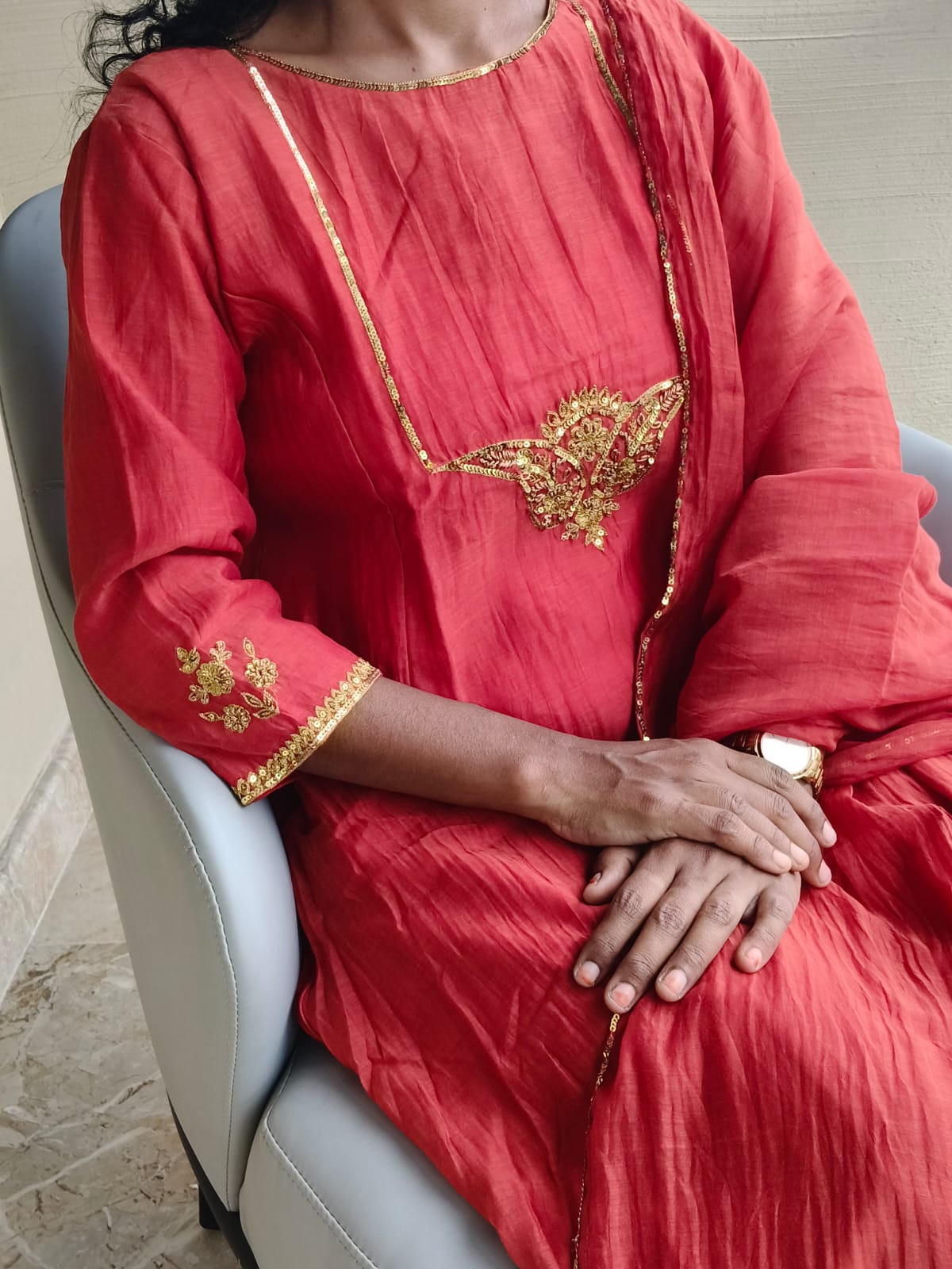 Signature Festive Amber Red Chanderi Kurta With Golden Zari Sequin Work With Dupatta