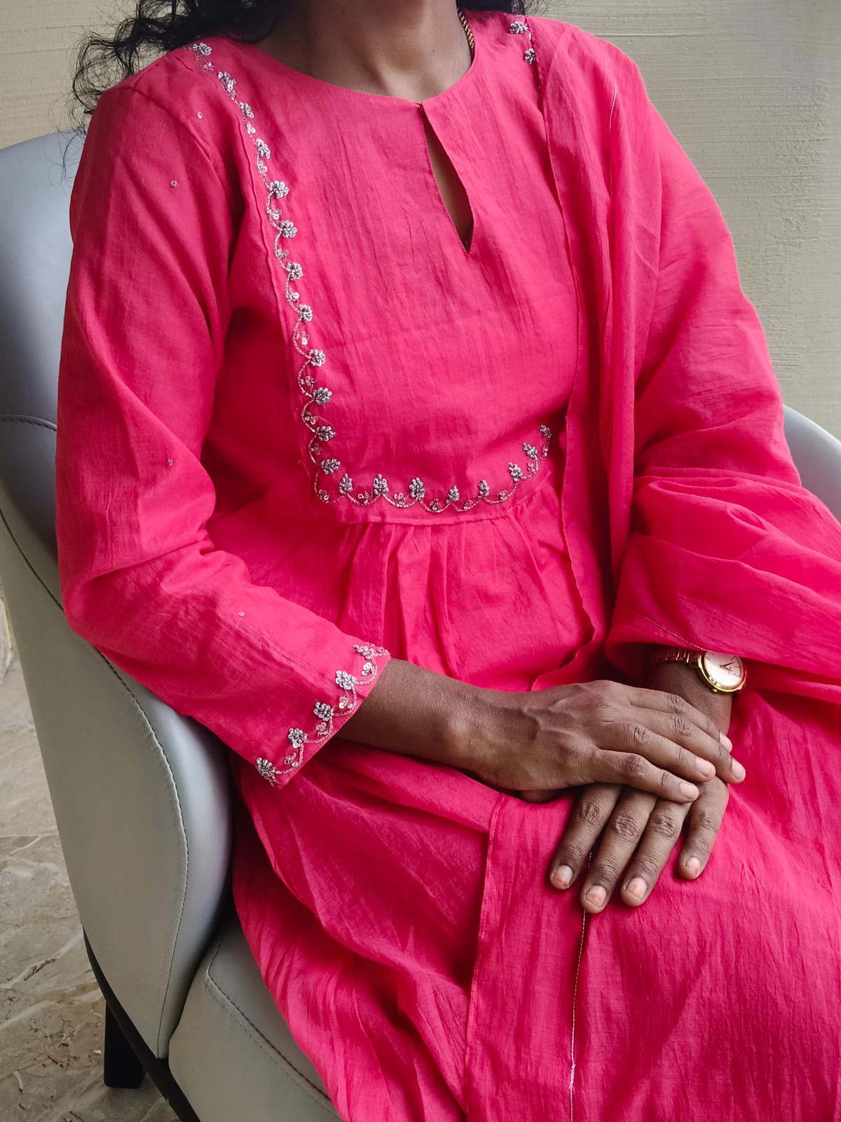 Refreshing Chanderi Coral Red With Silver Zari Cutdana work with Dupatta & Lining