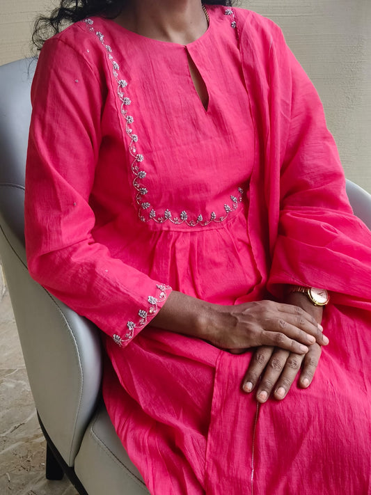 Refreshing Chanderi Coral Red With Silver Zari Cutdana work with Dupatta & Lining