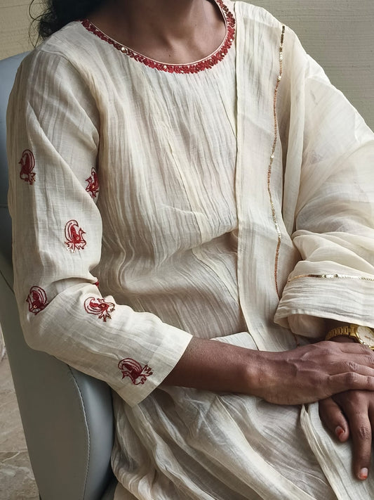 Soft Beige Mul Chanderi Panel Cut Kurta With Silk Thread and Sequin Work With Dupatta