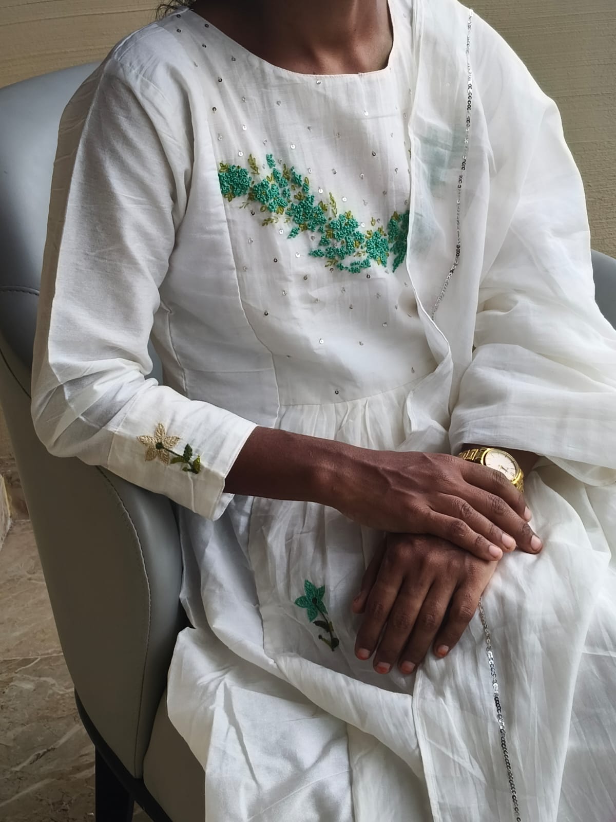 White Chanderi Morning Dew Green With Dupatta