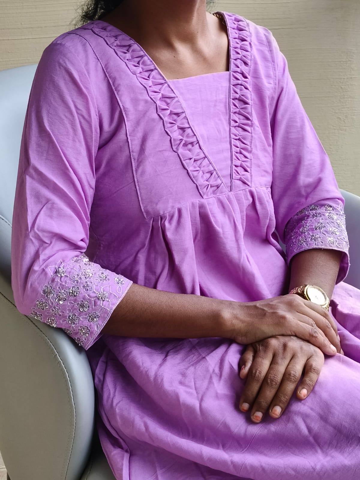 Silk Cotton Lavender Pintuck neck with Silver Zari Sequin Work