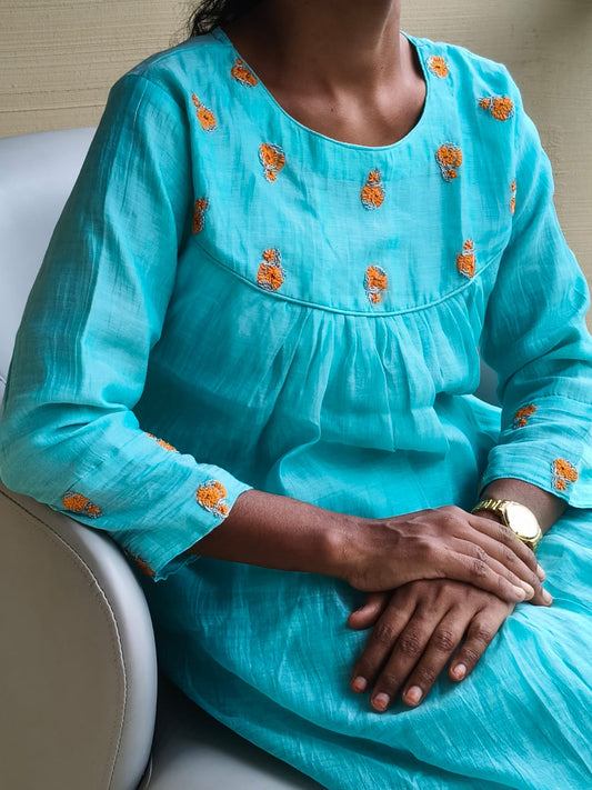 Multicolor Chanderi Floral Series -Blue & Sunset orange