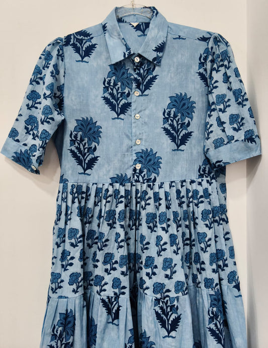 BLUE FLORAL COLLAR KURTA W TIER