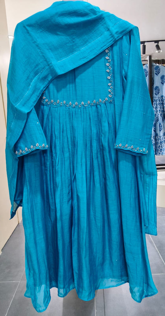 BLUE CHANDERI W SILVER SEQUIN WORK W SHAWL