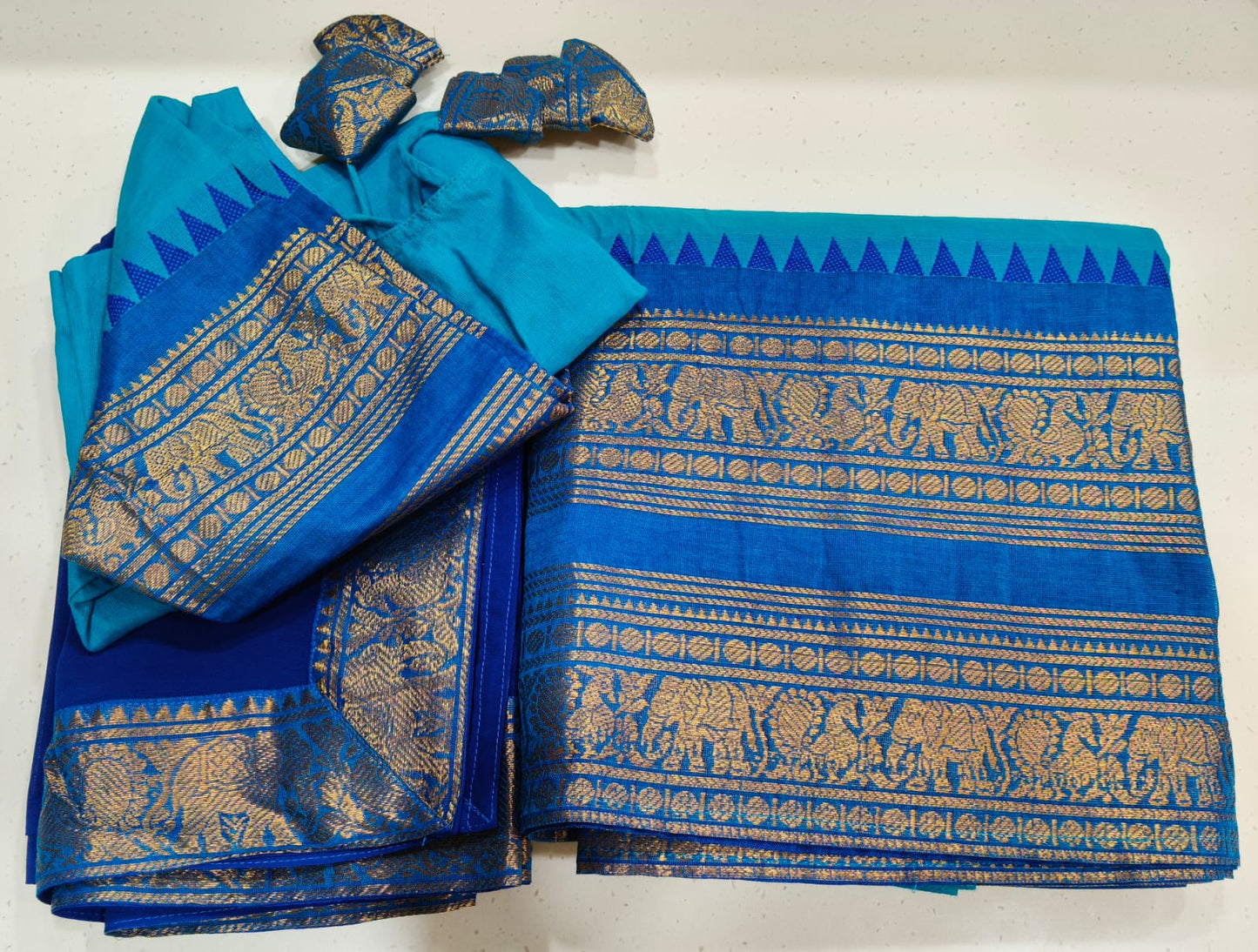 Dual Shade Blue Half Saree with Rich Golden zari Blue Boder With MS Blue Dupatta