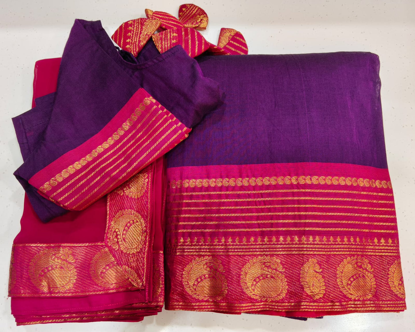Dark Purple Half Saree with Rich Golden Zari Rani Pink Border with Dupatta