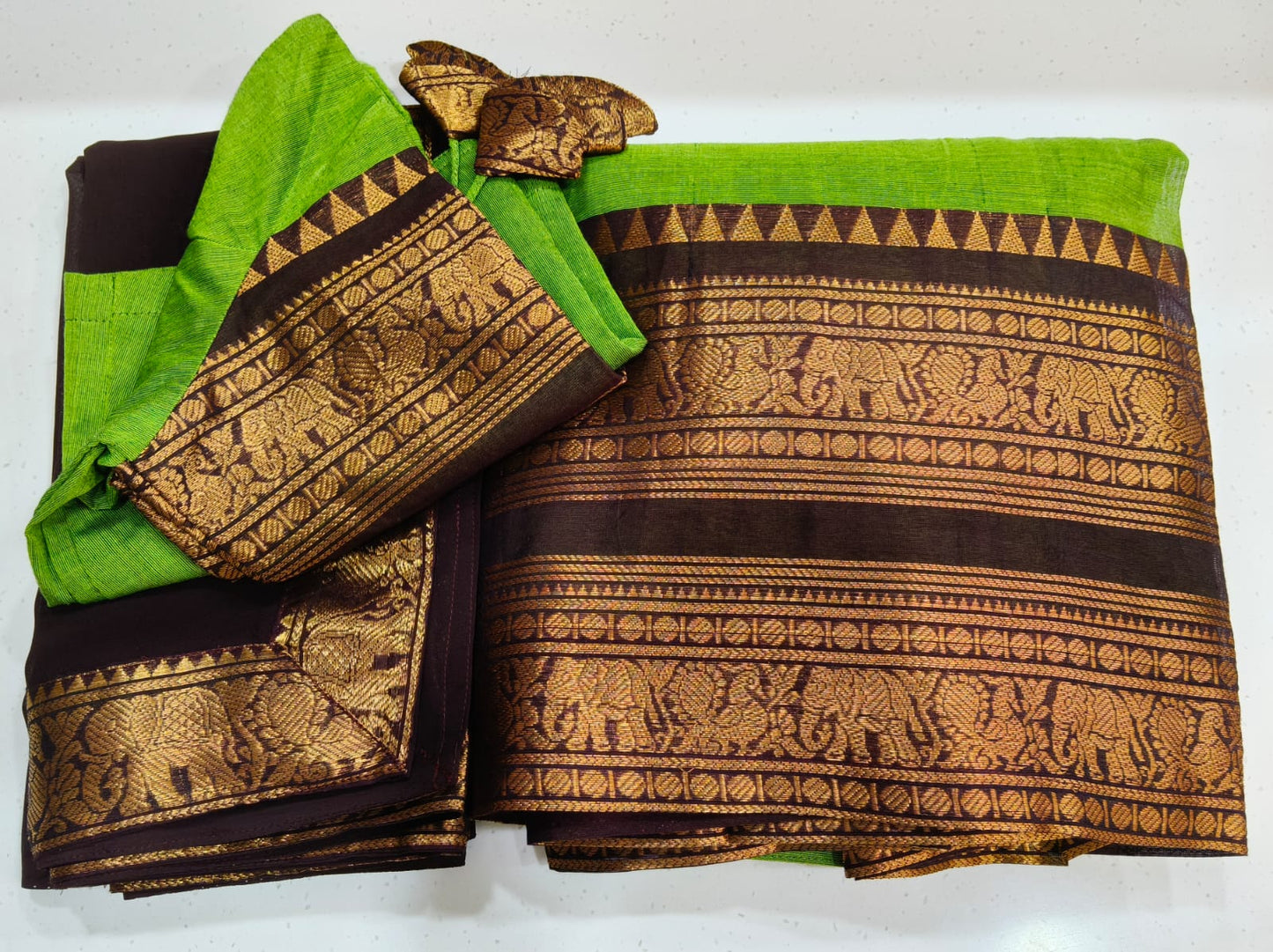 Dual tone Green with Rich Golden Zari Bold Coffe Color Border with Dhavani
