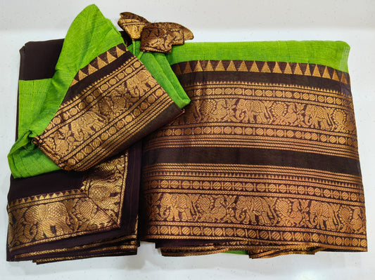 Dual tone Green with Rich Golden Zari Bold Coffe Color Border with Dhavani