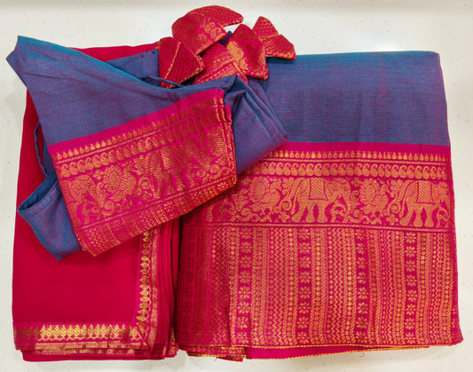 Dual Shade Dark Blue Half Saree With Rich Golden Zari Rani Pink Border with Dupatta