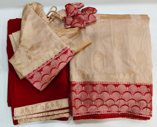 Banaras Sandal Half Saree With Red Border with Dupatta