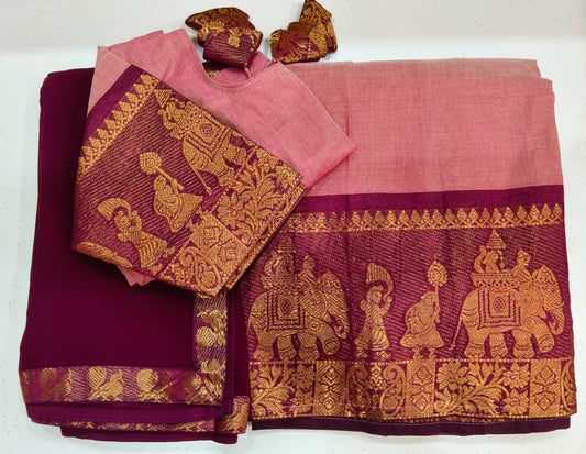 Dual Shade Pinkish Purple Half Saree With Rich Golden Zari Purple Border with Dupatta
