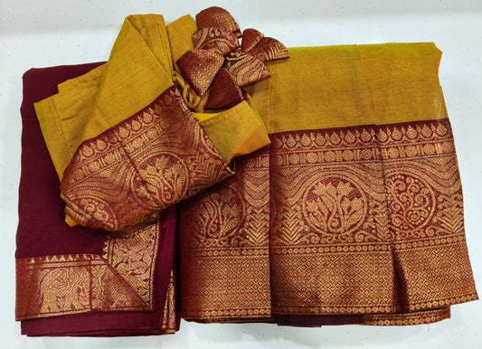 Dual Tone Mustard Color Half Saree with Rich Maroon border