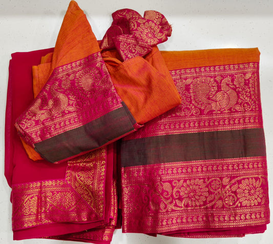 Dual Shade Orange Half Saree With Rich Golden Zari Rani Pink Border with Dupatta