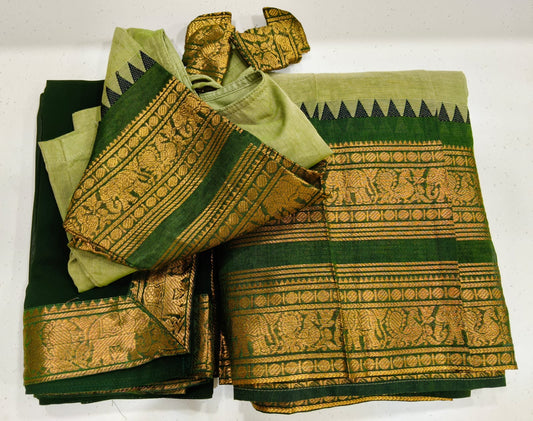 Dual Shade Light Green Half Saree with Golden Zari Dark Green Border With Dupatta