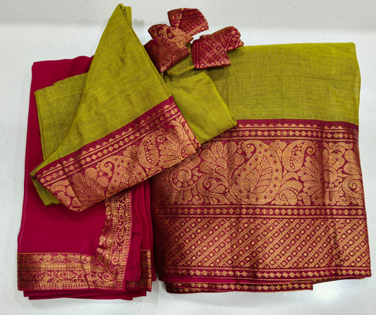 Dual Shade Green Half Saree with Rich Golden Zari Rani Pink Border with Dupatta