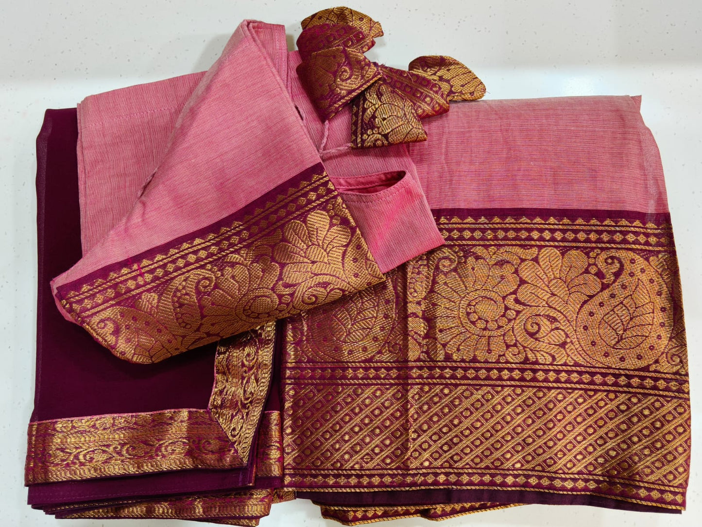 Dual Shade Pinkish Purple Half Saree With Rich Golden Zari Purple Border with Dupatta