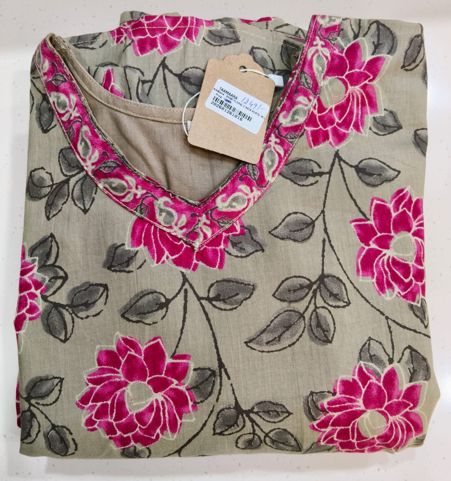 Beautiful Khaki with Pink Floral Kurta with Lining