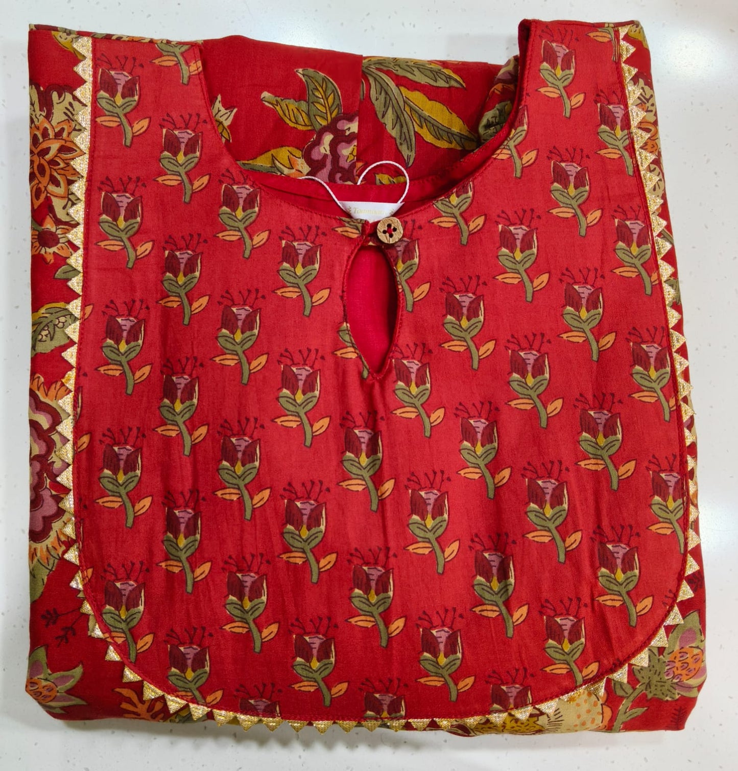 Red Floral Kurta with Golden Lace with Lining