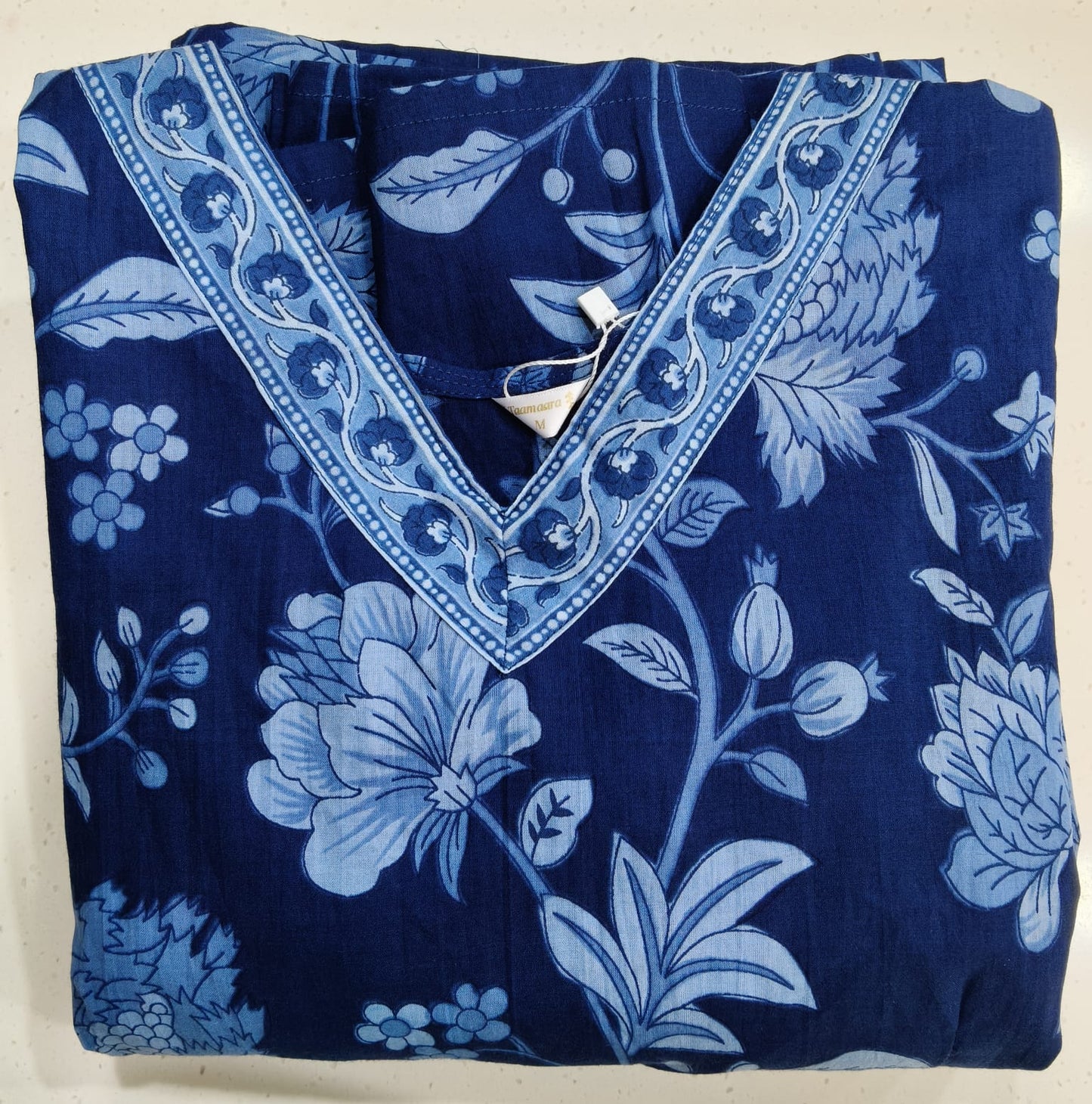 BLUE FLORAL V NECK KURTA W TIER