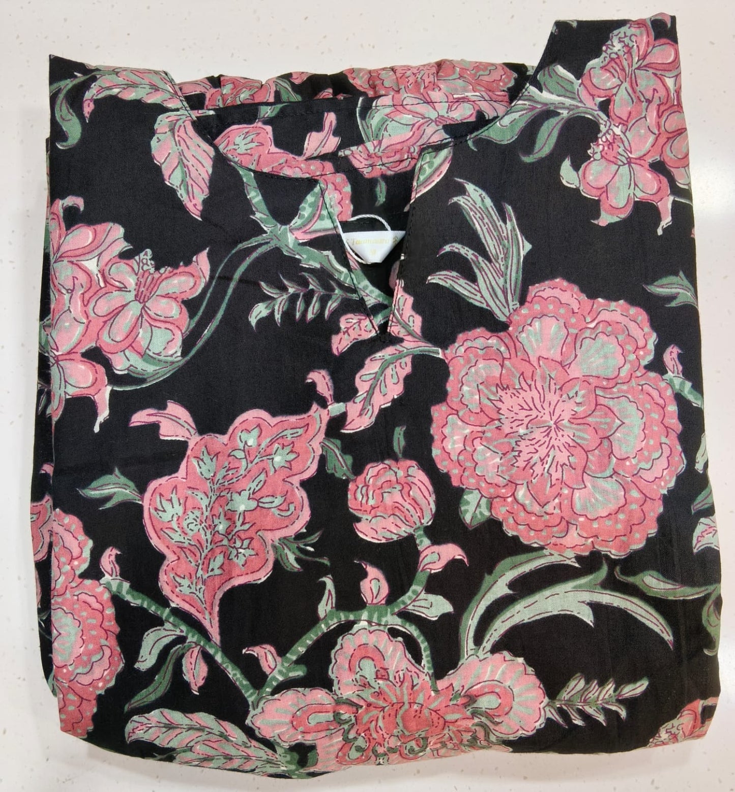 Black Pink Floral Kurta -Short Sleeve