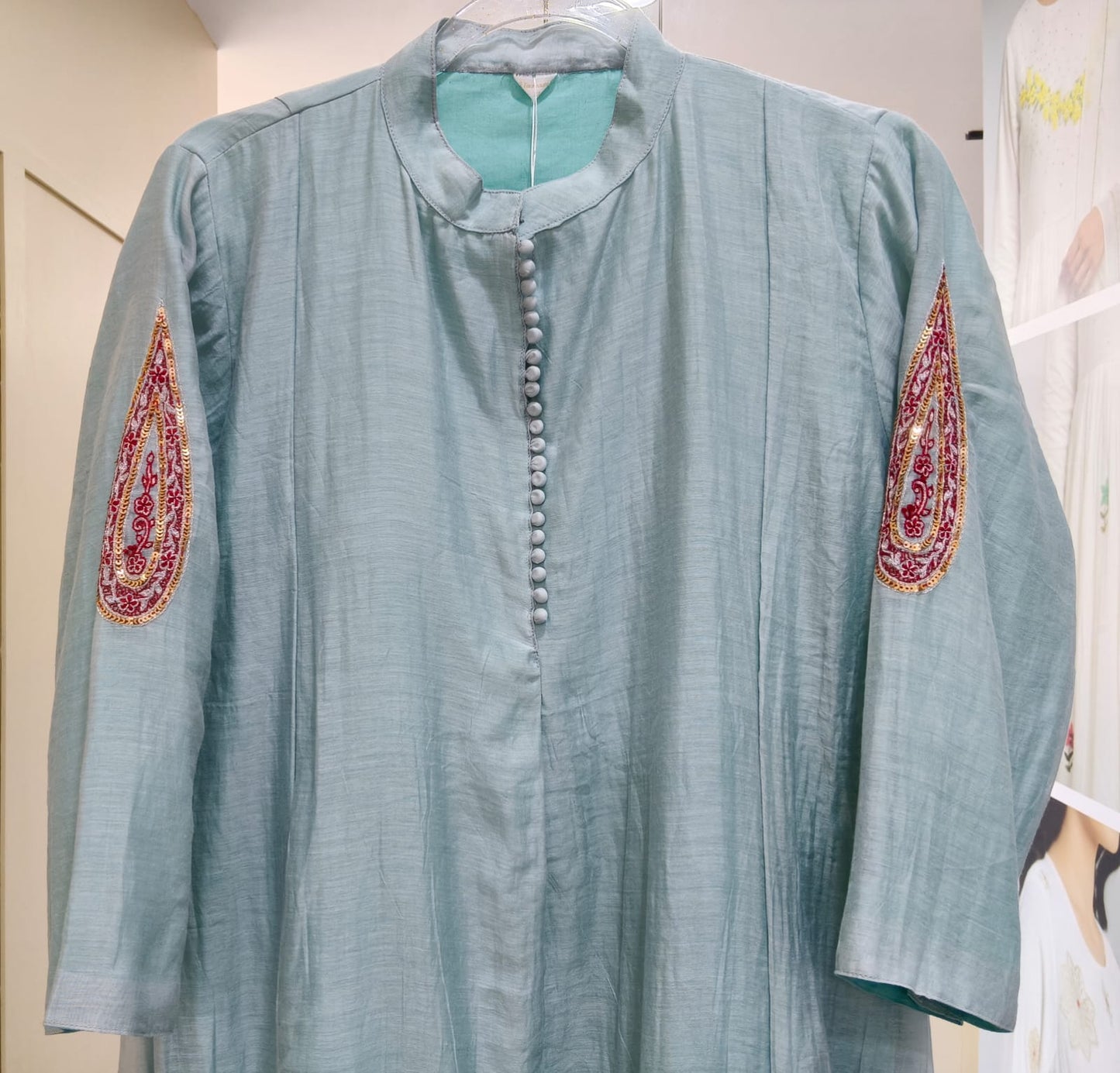 GREENISH GREY CHANDERI 3PCS SUIT